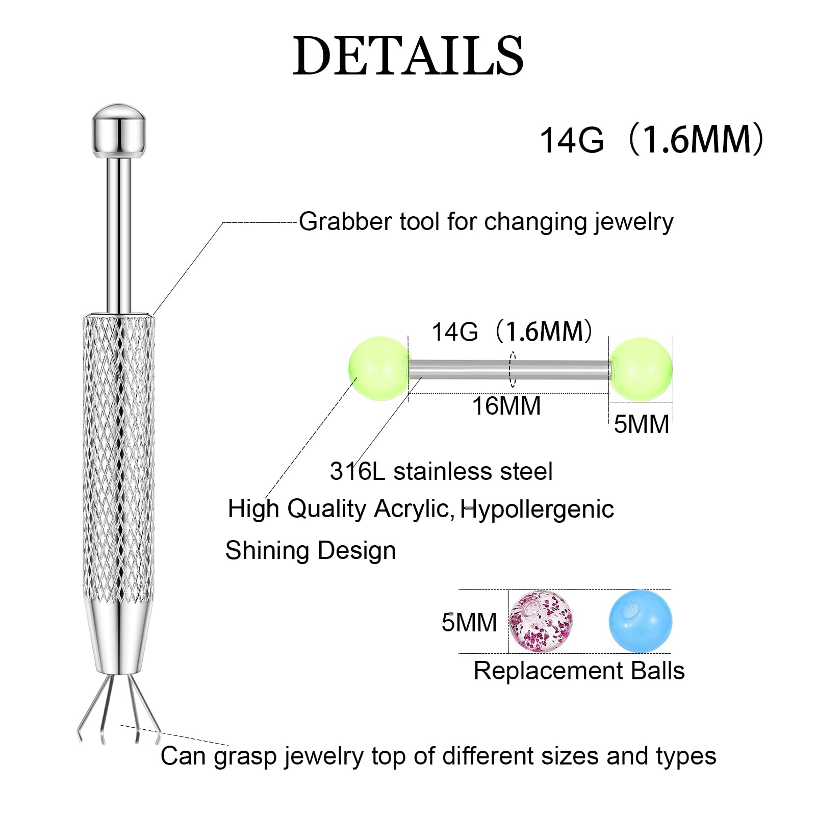 12PCS Barbell Nipple Rings 48P - Body Jewelry Replacement Ball recension och pris